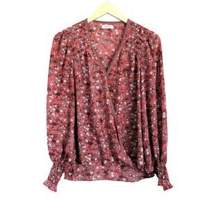 Max Studio Blouse Pink Floral Long Sleeve Boho Wrap with Smocked Accents Med